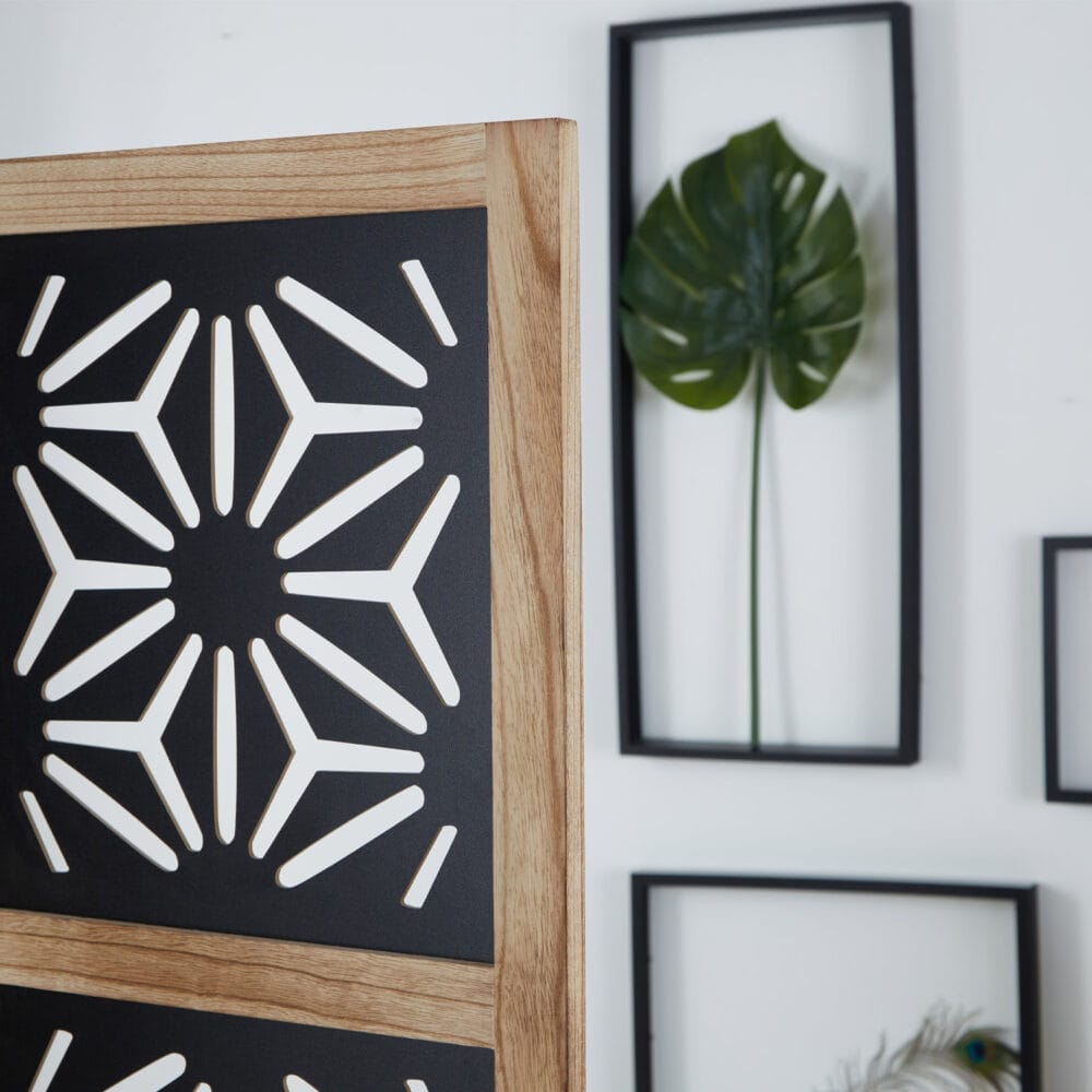 3-teiliger Paravent Raumteiler aus Holz mit Ornamenten Natur-Schwarz