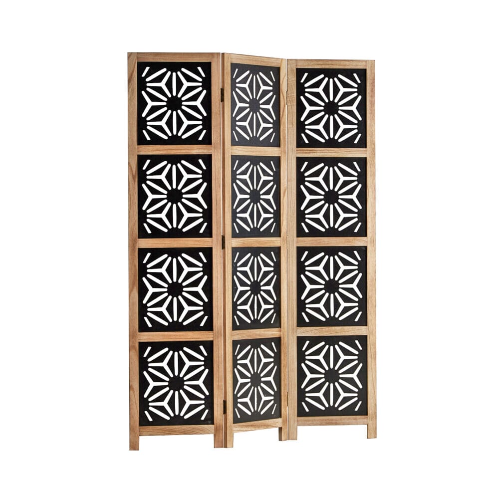 3-teiliger Paravent Raumteiler aus Holz mit Ornamenten Natur-Schwarz