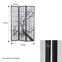 3-teiliger Raumteiler Paravent aus Holz mit Kirschblüten Schwarz
