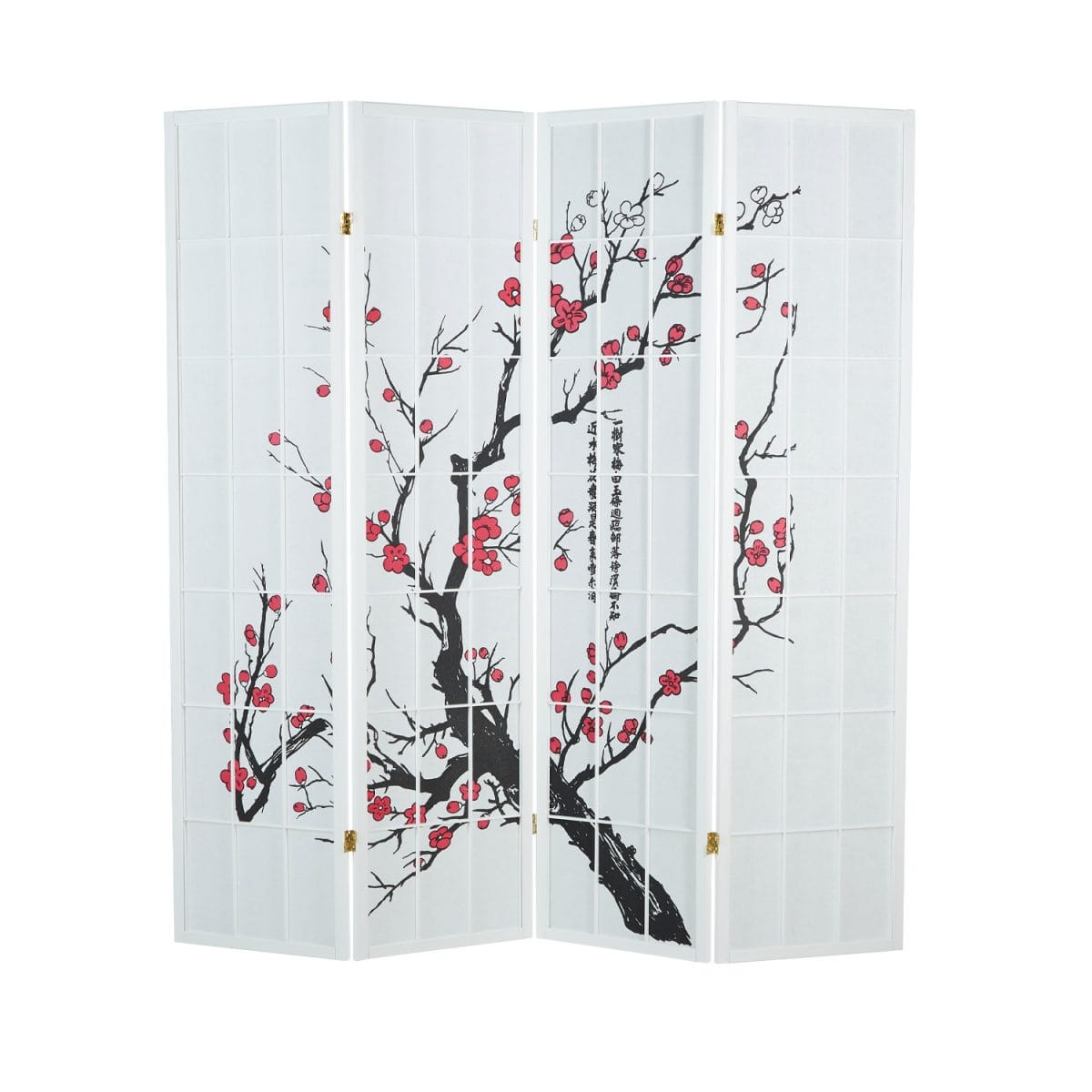 4-teiliger Paravent Raumteiler aus Holz mit Kirschblüten Weiss