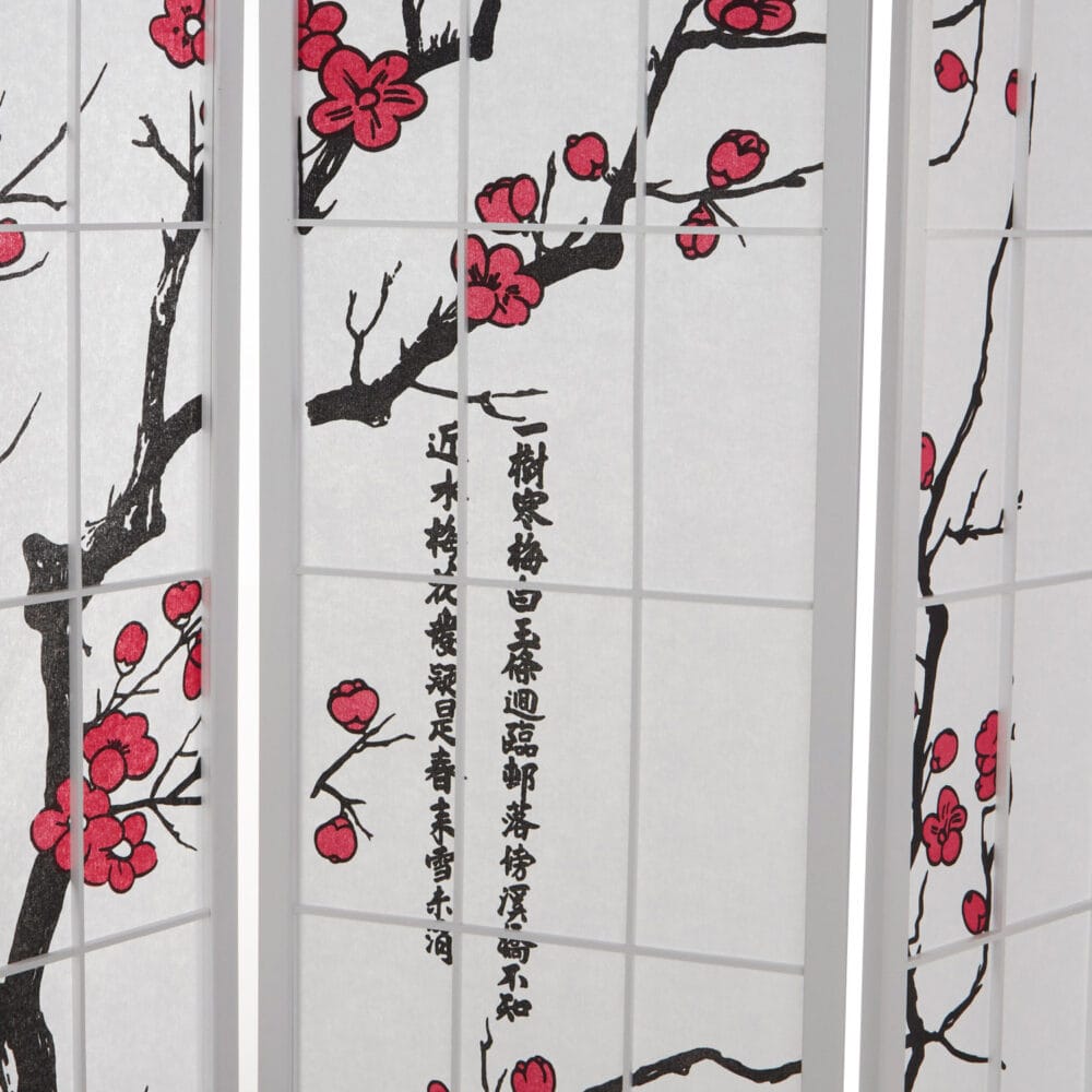 4-teiliger Paravent Raumteiler aus Holz mit Kirschblüten Weiss