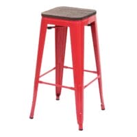 4x Barhocker Metall mit Holz-Sitzflächen Industriedesign ~ rot