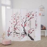 5-teiliger Paravent Raumteiler aus Holz mit Kirschblüten Weiss