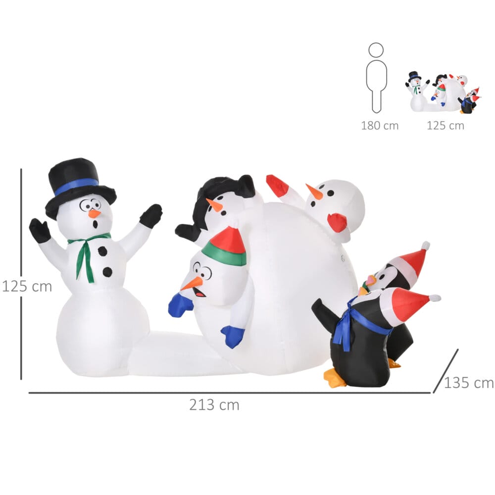 Aufblasbarer LED Schneemann mit Pinguin 213cm