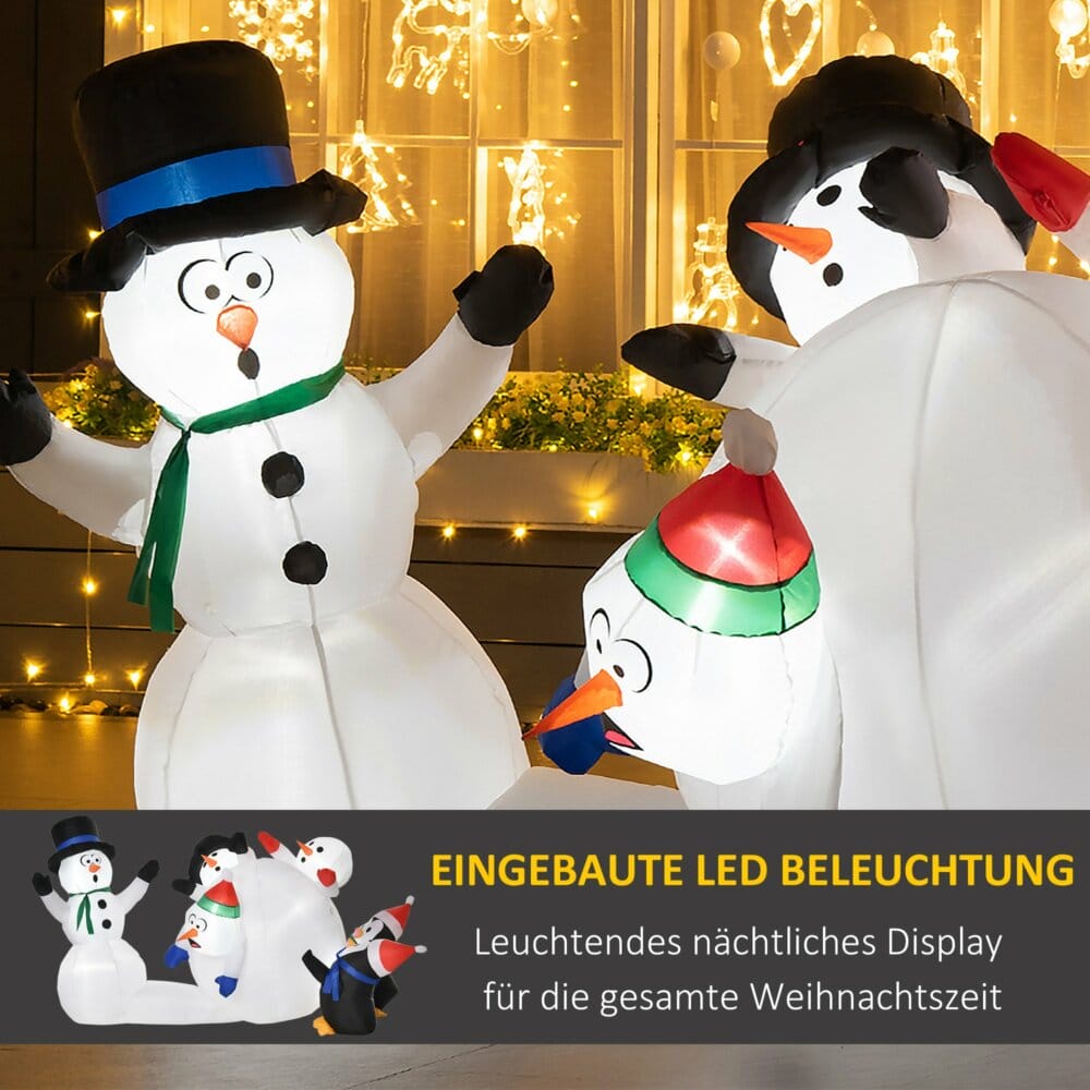 Aufblasbarer LED Schneemann mit Pinguin 213cm