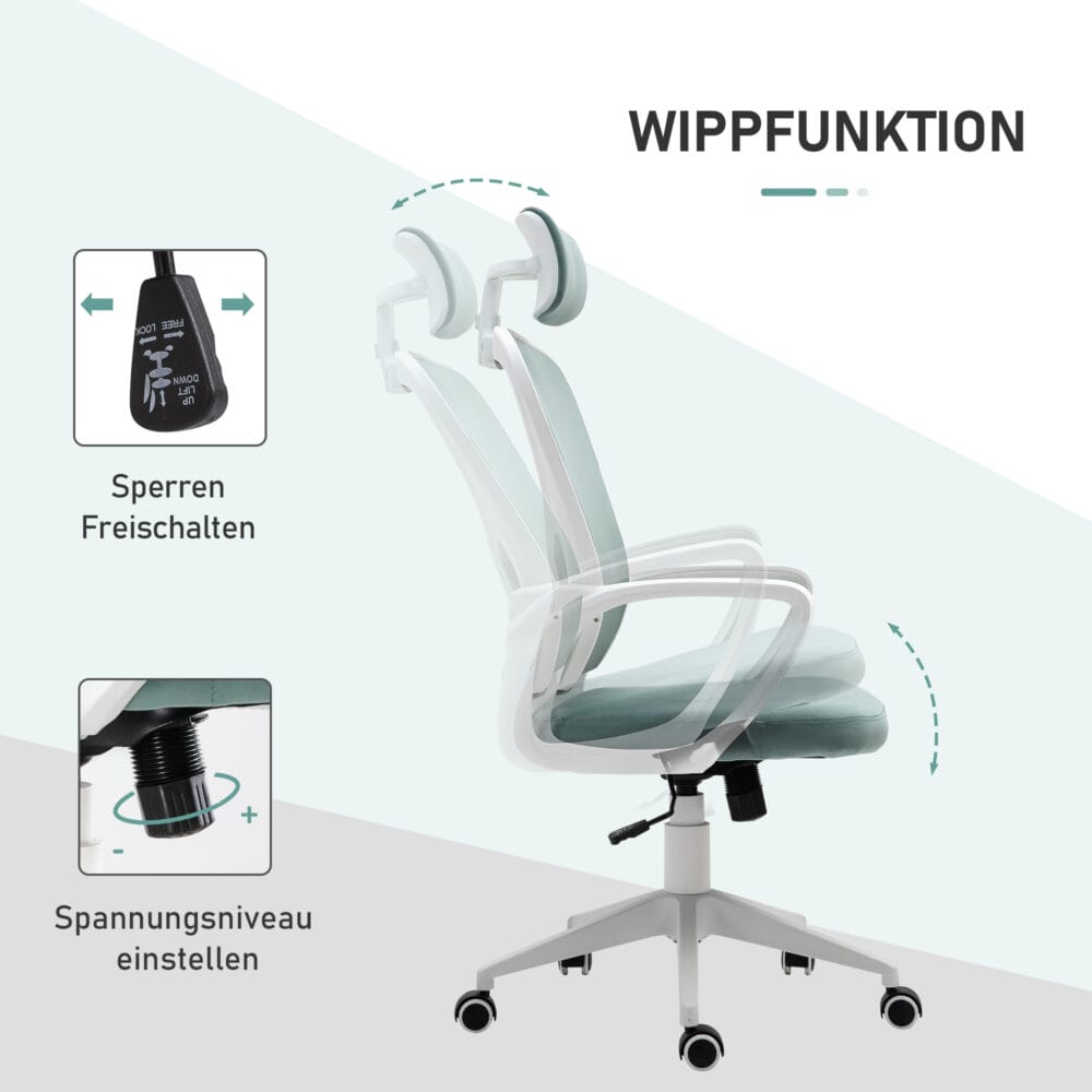 Bürostuhl mit Wippfunktion ergonomisch mit Kopfstütze Türkis