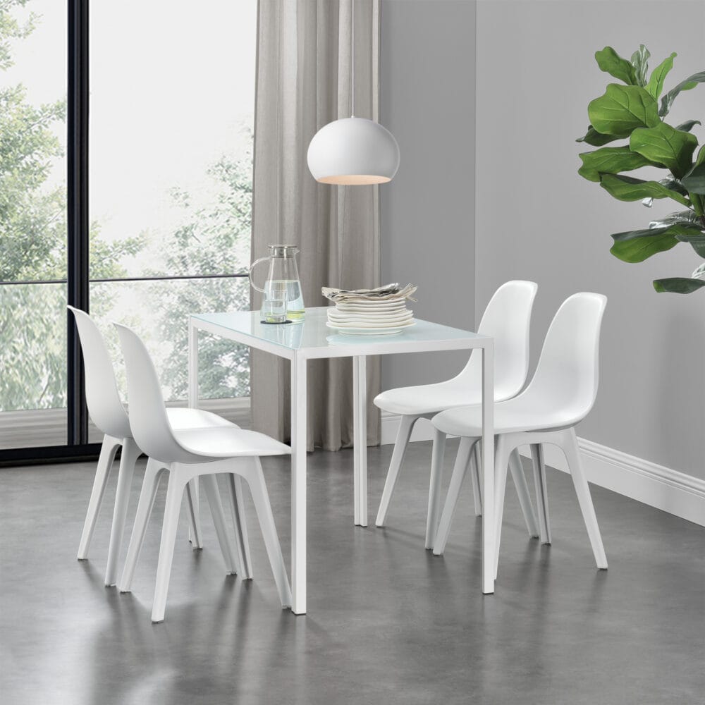 Esstisch mit 4 Stühlen Stathelle 105x60x75 cm Weiss Glasplatte