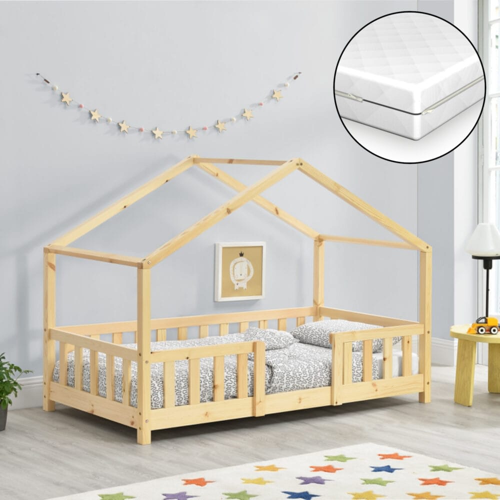 Kinderbett Treviolo 70x140 cm mit Matratze und Gitter Holz