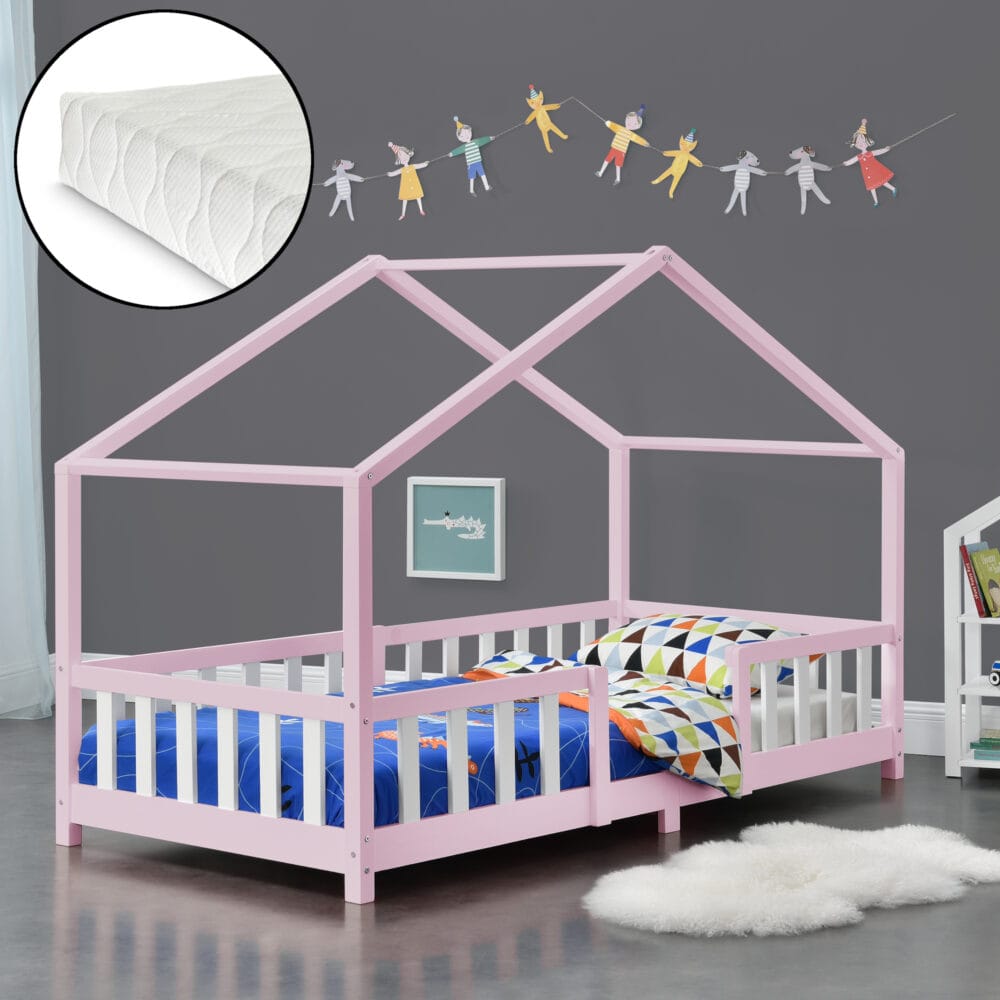 Kinderbett Treviolo 90x200 cm mit Matratze und Gitter Rosa
