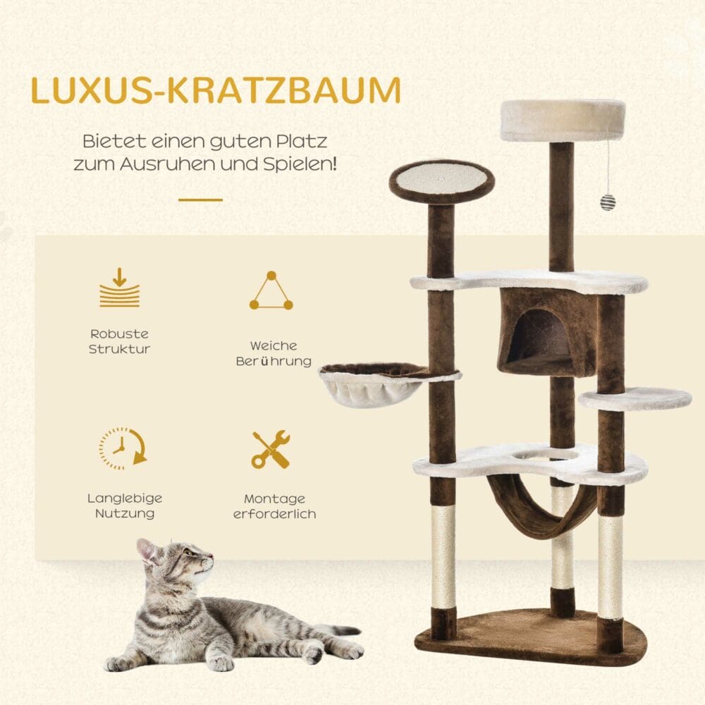 Kratzbaum mit Katzenhöhle Hängematte XXL Braun 65x50x153cm