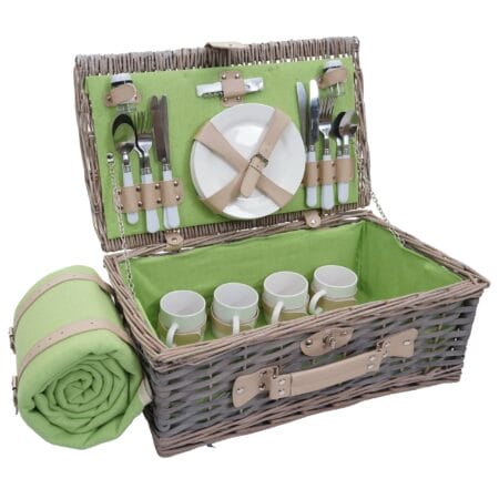 Picknickkorb Weidenkorb Set für 4 Personen mit Decke grün
