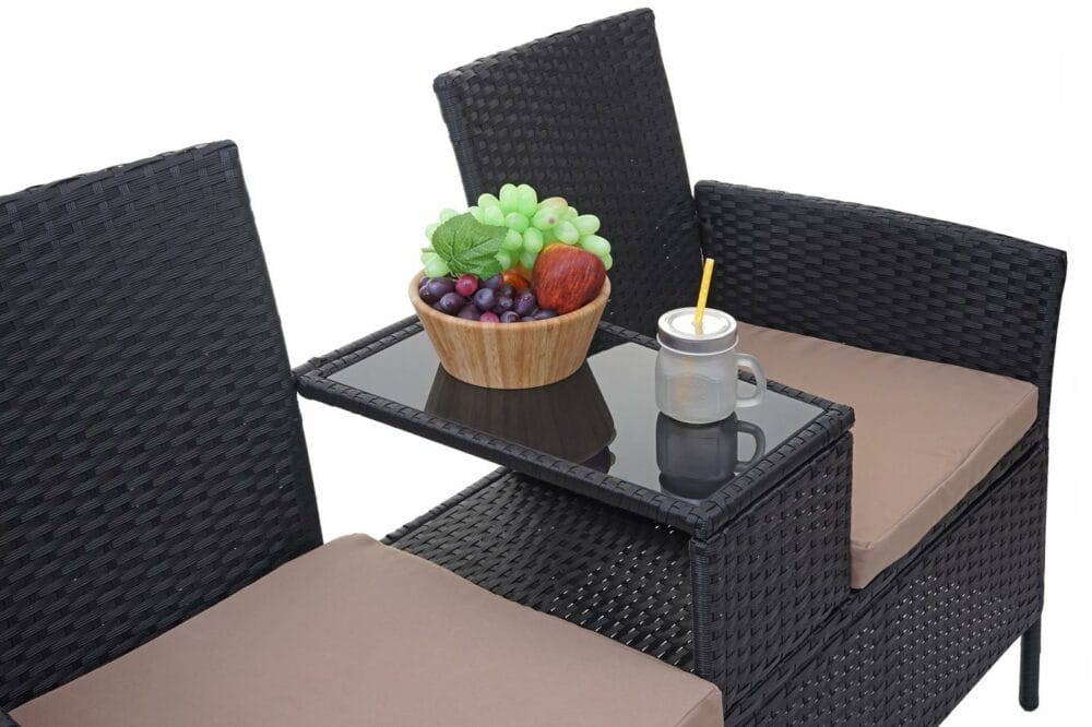 Rattan Gartenbank mit Tisch 132cm ~ schwarz Kissen creme