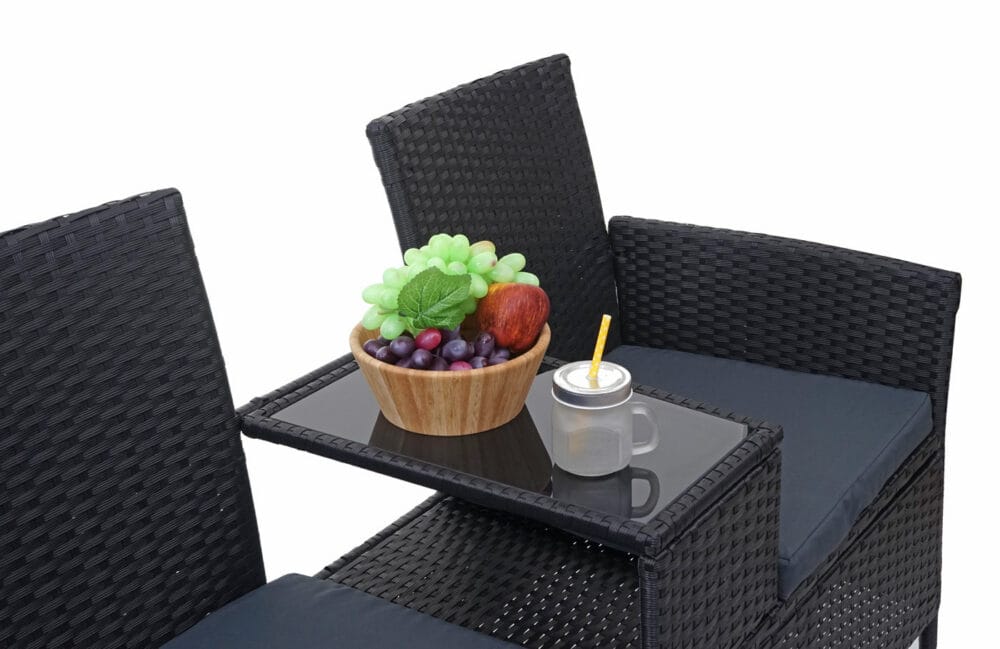 Rattan Gartenbank mit Tisch 132cm ~ schwarz Kissen dunkelgrau