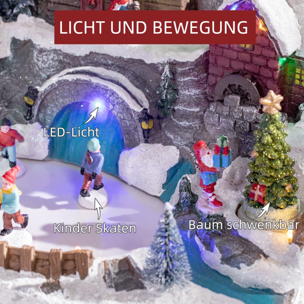 Weihnachtsdorf mit beweglichen Figuren und 21 bunten LEDs